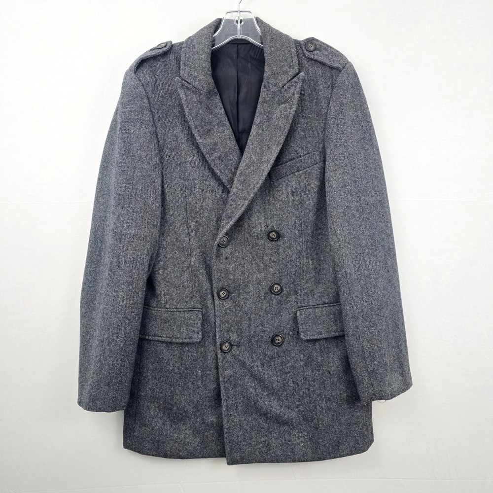 Express Wool Blend Tweed Double Breat Charcoal Men Pea Coat Small